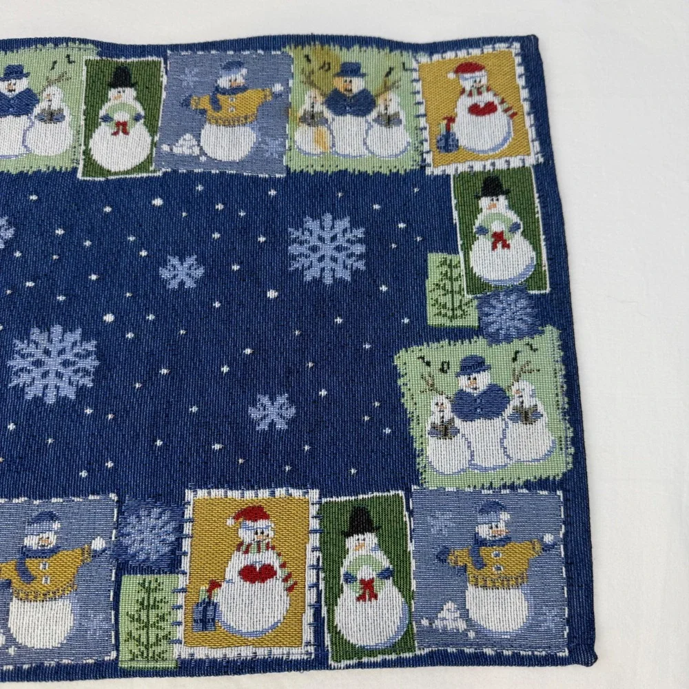 Vintage Woven Tapestry Snowman Placemats Blue Winter Holiday Set of 2